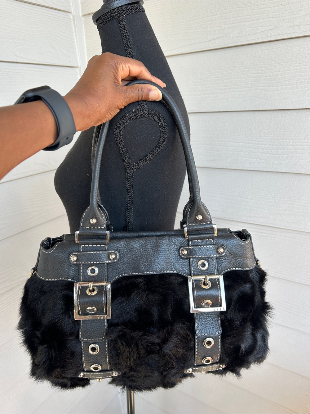 RAFE New York Black Faux Fur & Leather Tote Handbag. Silver buckle hardware.